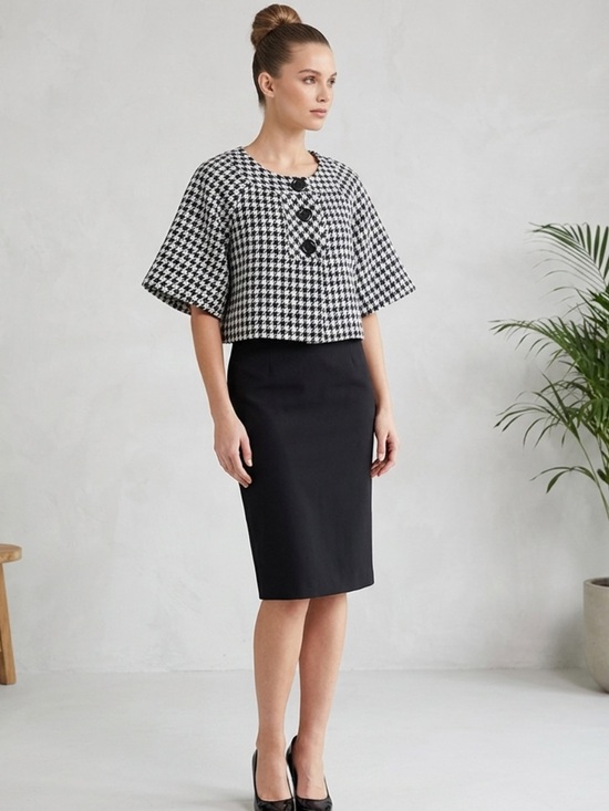 Pretty Good Tops - Vintage Knitted Houndstooth Crop Jacket Top | Wide Short Sleeve Size Medium